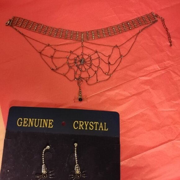 Silver Spider Web Choker Necklace w/ Earrings - Picture 2 of 2